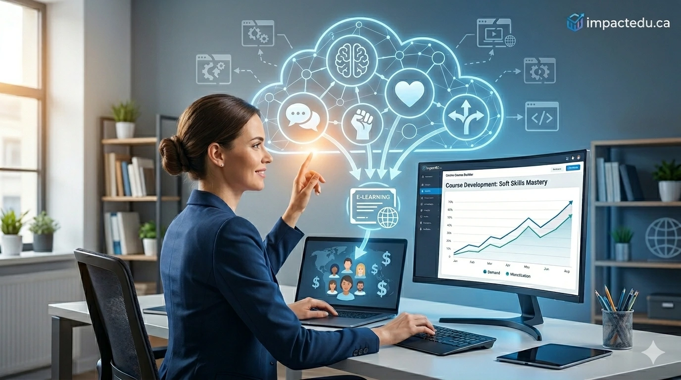A professional woman, representing a mentor or consultant, sits at a desk, looking toward a floating digital network of glowing icons. These icons specifically visualize key soft skills described in the text: communication (speech bubbles), leadership (a raised fist), empathy (a heart), and critical decision-making (interconnected neural pathways). The visualization shows these core human assets being structured into a scalable, monetizable e-learning asset that expands globally. The scene contrasts human intuition with background screens displaying analytical data and automated workflows. The ImpactEDu.ca logo is subtly visible.